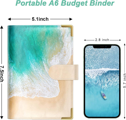 Budget Binder A6 Money Organizer for Cash, Zipper Envelopes System, Cute Budget Wallet for Women Men, Beach