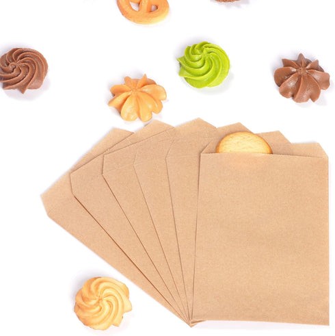 Quotidian Brown Flat Medium Greaseproof Kraft Paper Bags - 4" x 6" (Pack of 100) for Bakery Cookies, Candies, Dessert