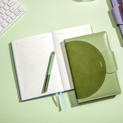 CAGIE Leather Journal for Women, Lined, 192 Pages, 5.9"x8.5", Green, with Buckle Closure, 100 GSM