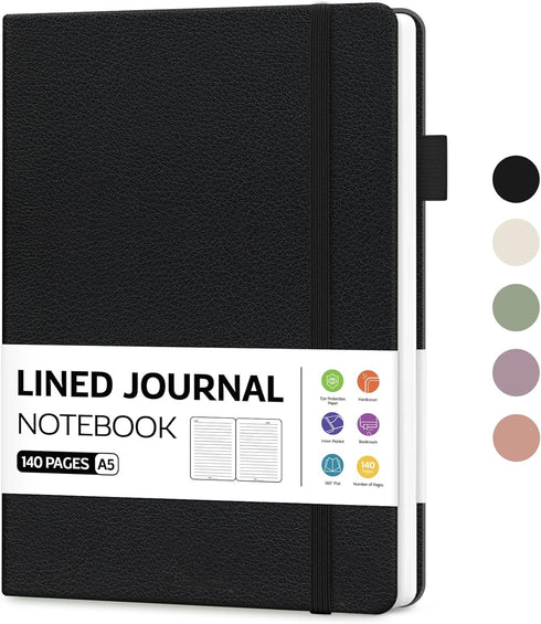 Lined Journal Notebook for Women & Men, 140 Pages, College Ruled Hardcover for Work, Note Taking, Writing - Black