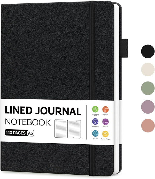 Lined Journal Notebook for Women & Men, 140 Pages, College Ruled Hardcover for Work, Note Taking, Writing - Black