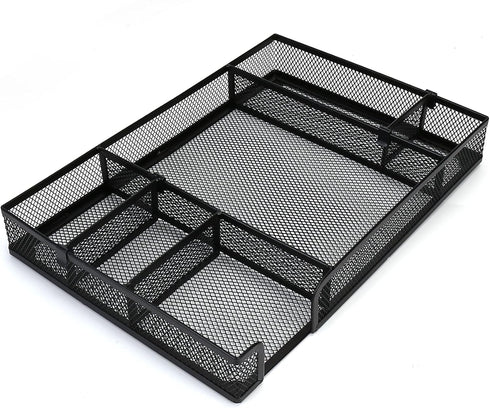 Desk Drawer Organizer Tray, Adjustable 6 Grid Metal Mesh Storage Box for Office, Home, School Supplies, 12.6X9X1.9