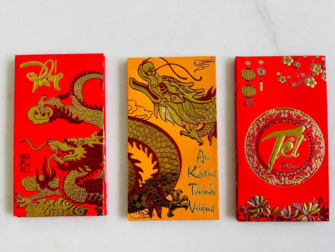 DRAWN18 Pieces Vietnamese New Year Red Lucky Money Envelopes ( large Size 6.5"x3.5")- Bao Li Xi Tet Size Lon