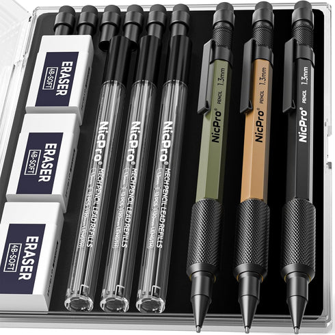 Nicpro 3 PCS 1.3 mm Mechanical Pencil Set, 3 Colors with 36 Lead Refill, Heavy Duty Carpenter Pencil