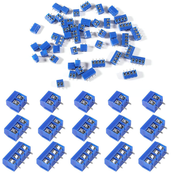 50pcs PCB Mount Screw Terminal Block Connectors, 2 Pin 30pcs, 3 Pin 10pcs, 4 Pin 10pcs, 5mm Pitch