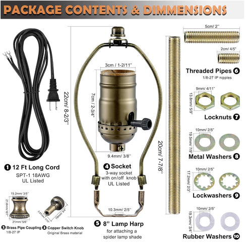 Lamp Rewire Kit, 3-Way Lamp Socket with Matching Cord Lamp Harp Set, Essential Hardware for DIY Lamp Design or Repair