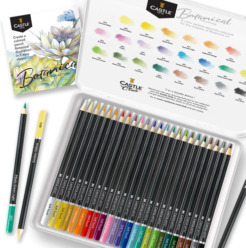 Castle Arts 24 Coloured Pencil Set in Tin Box, Perfect for Botanical Art, Quality Smooth Cores for Blending & Layering