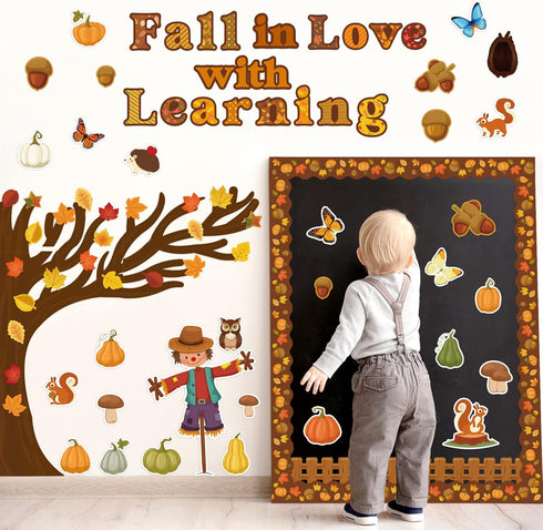 WATINC 170Pcs Fall Tree Learning Bulletin Board Decoration Set, Autumn Pumpkin Cutouts for Classroom Decor