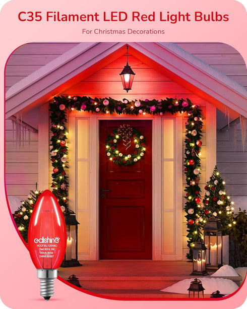 EDISHINE Dimmable Red Light Bulb, 5W Equivalent 60W, C35 LED Filament Light Bulb, E12 Socket, Clear Glass Edison Bulb for Christmas, Halloween, Holiday, Porch, 6 Pack, UL Listed by EDISHINE