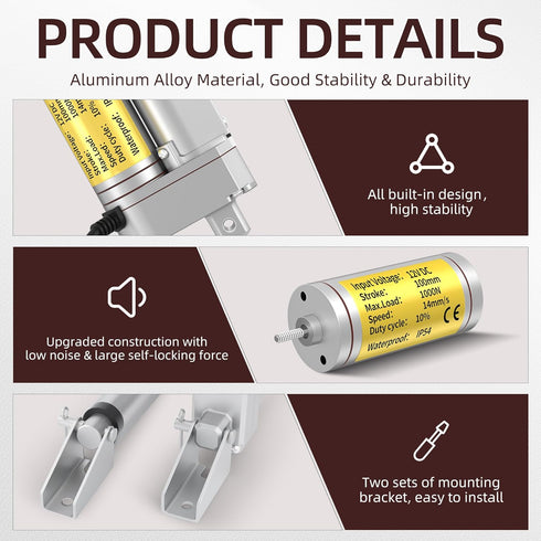 12V Linear Actuator - 4" Waterproof High Speed Actuator with 1000N/220lbs Stroke and Reverse Polarity Switch