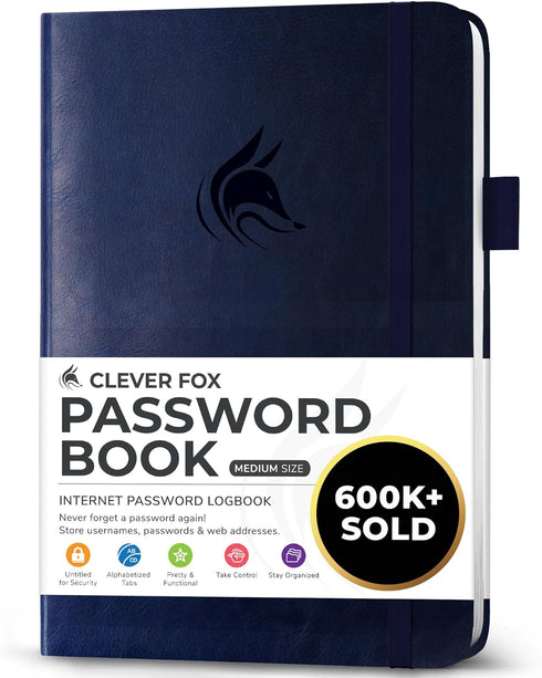 Clever Fox Password Book with Alphabetical Tabs - Internet Address Organizer Logbook, Medium Password Keeper
