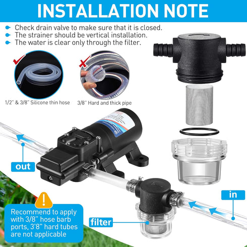 Water Pump Strainer, 3/8 Inch Hose Barb In-Line Filter for 12V DC Water Pump, Twist-On Sprayer