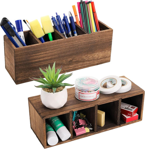 Dicunoy 2 Pack Wooden Pencil Holder for Desk, Rustic Wood Remote Control Caddy, Retro Table Organizer with 4