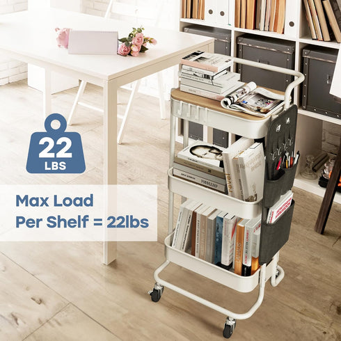DTK 3 Tier Metal Utility Rolling Cart with Table Top and Side Bags, Storage Organizer with Wheels (White)