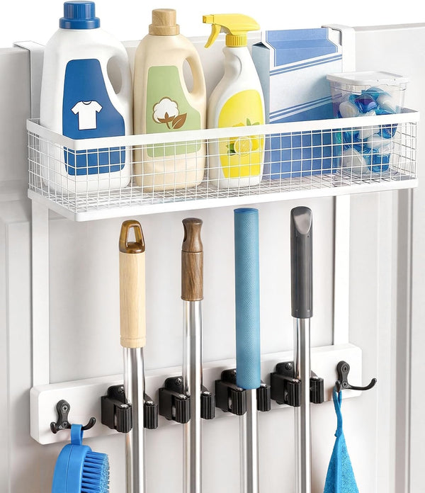 Lorbro Over the Door Broom Holder with Cleaning Supply Organizer, Wooden Mop