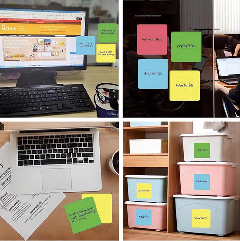 Dry Erase Sticky Notes, Reusable Label Stickers for Organizing Storage Bins, Removable & Washable (4"x4", 12 Sheets)