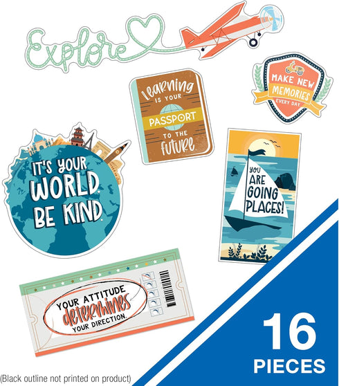Carson Dellosa Let's Explore 16-Piece Inspirational Bulletin Board Cutouts, Motivational Wall Decor, Travel Theme Classroom Decorations, World Travel Wall Decor, Bulletin Board Set by Carson Dellosa Education