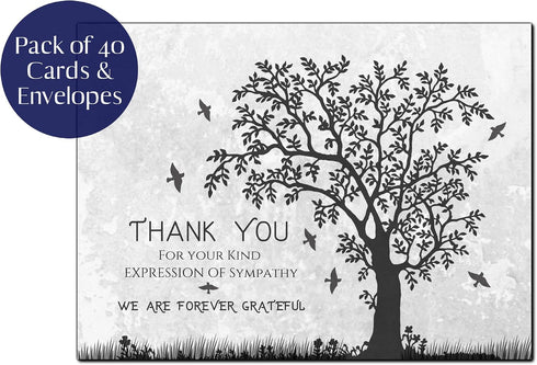 Elcer (40 Pack) Funeral thank you cards with envelopes Celebration of life Floral Tree acknowledgment memorial Sympathy