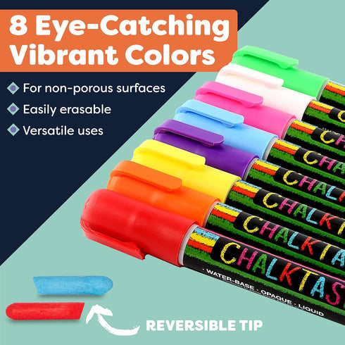 Chalkboard Markers Set of 8 - Washable, Erasable Chalk Ink Dry Erase Pens for School & Glass