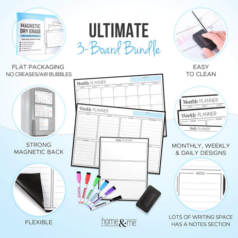 Cinch Magnetic Calendar Bundle: 3 Boards of 17"x12" - Monthly, Weekly, Daily - Magnetic Calendar for Fridge with 6 Fine