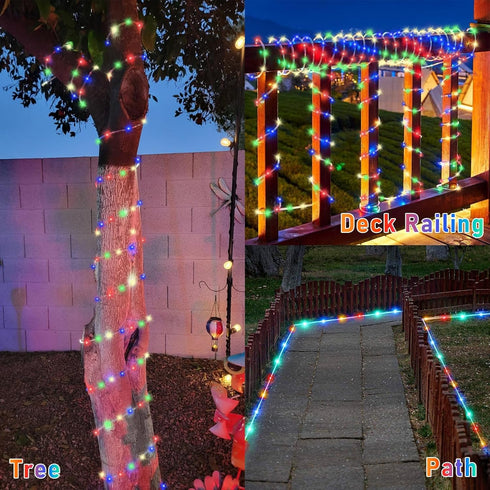 66ft 200 8 YEGUO Solar Rope Lights Outdoor Waterproof, LED Multicolor String Lights, Modes Fairy Lights in Clear Thin