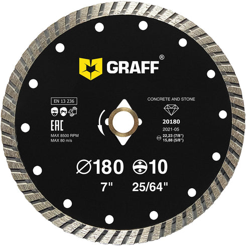 GRAFF 7 Inch Diamond Blade for Angle Grinder, Cutting Wheel for Stone, Marble, Granite, Brick, Concrete - Turbo Diamond
