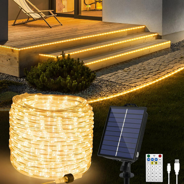 OMIKA 50ft 600 LEDs Solar Rope Lights, USB Charging, 20 Lighting Modes,