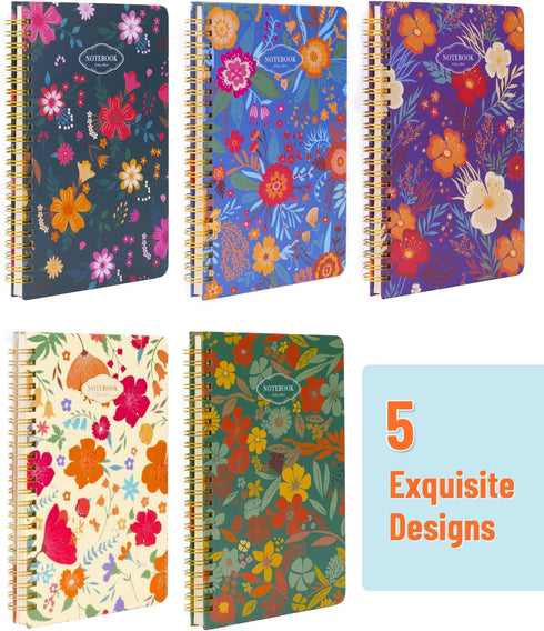 Spiral Notebooks 5 Subject 5-Pack, College Ruled Hardcover with Removable Dividers, 160 Pages Each, A5 Cute Floral