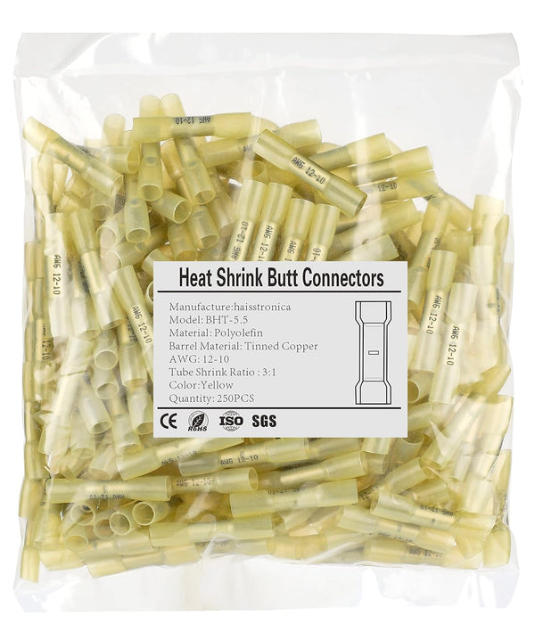 250PCS Yellow Heat Shrink Butt Connectors AWG12-10, Marine Grade Waterproof Insulated Electrical Connectors