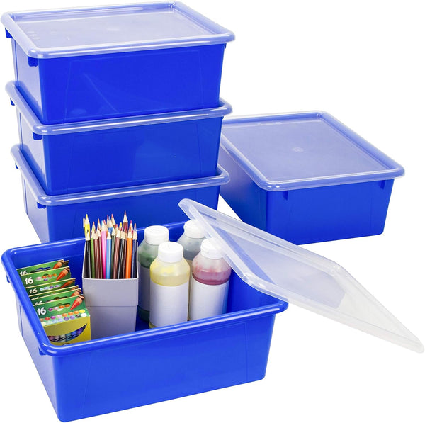 Storex Letter Size Deep Storage Tray, Organizer Bin with Non-Snap Lid, Blue, 5-Pack