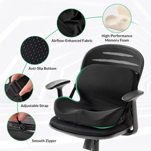 FuturaLoom Tailbone Memory Foam L-Shaped Seat Cushion with Lumbar Support & Adjustable Strap - Pain Relief for Office