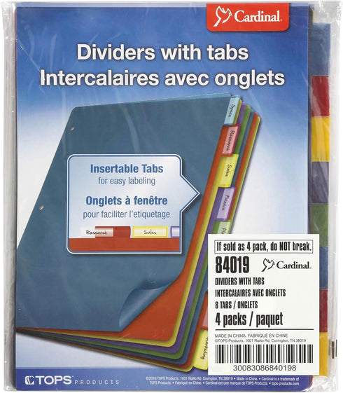 Cardinal 84019 Poly Index Dividers, Letter, Multicolor, 8-Tabs/Set, 4 Sets/Pack