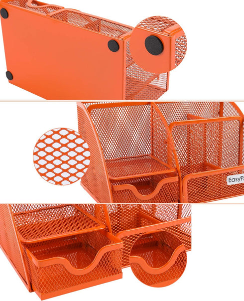 EasyPAG Orange Desk Organizer, Mesh Caddy with 6 Compartments and 1 Drawer for Office, Home, School