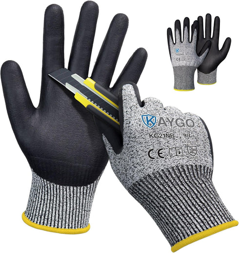KAYGO Cut Resistant Gloves - MicroFoam Nitrile Coated, ANSI Cut Level A3, Safety Work Gloves for Men and Women, KG21NB,