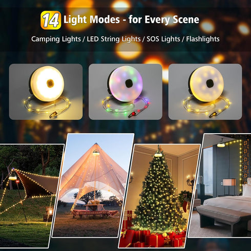 33ft 100LED, 4 1 100LED 14 Camping String Lights in Rechargeable Outdoor Tent String Lights with Lighting Modes Remote