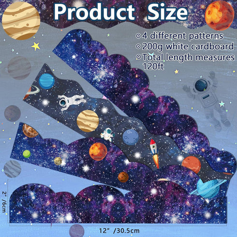 VABAMNA 120ft Outer Space Bulletin Board Borders - Galaxy Star Planet Astronaut Trim, 4 Patterns for Classroom Decor
