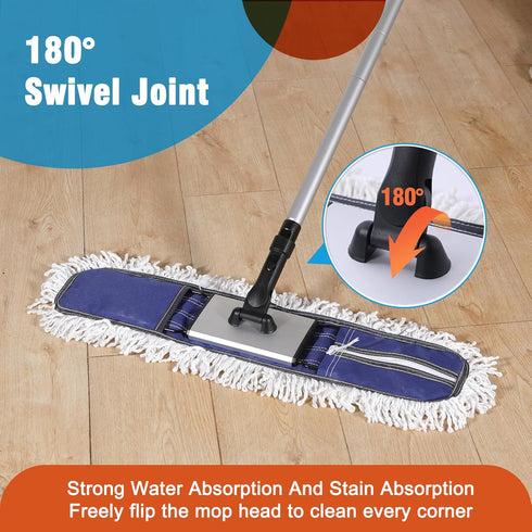 24" Commercial Dust Mop for Floor Cleaning, Heavy Duty Duster Floor Mop with 59” Extendable Long Handle, Blue for