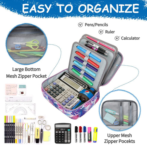VASCHY Large Pencil Case Bag, Art Supply Marker Organizer with Detachable Layers, Multiple Zipper Pockets, Purple