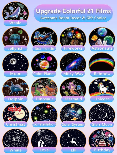 21 Sets 360 Dimmable Night Light for Kids + of Films, Kids Night Light Projector for Bedroom, Ceiling, Projector Night