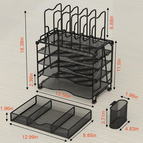 Mesh Desk Organizer - 3-IN-1 Desktop Organizer with 4 Tier Tray and 5 Upright Sections, Black File Organizer with Drawer