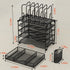 Mesh Desk Organizer - 3-IN-1 Desktop Organizer with 4 Tier Tray and 5 Upright Sections, Black File Organizer with Drawer