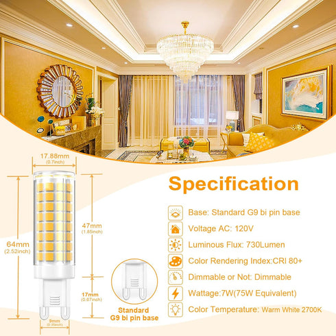 VYAOMLI G9 Bulbs Dimmable 7W Bulb 75W-80W 730LM, G9 Bulb 120V 5 Pack) LED Light Equivalent to Halogen Bi-Pin Base Light