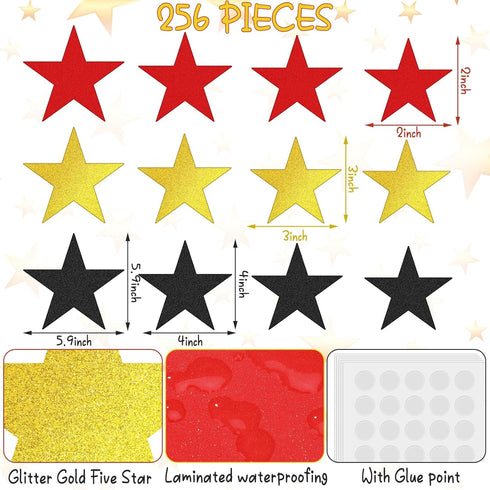 Ctosree 256 Pieces Glitter Star Cutouts Paper Stars Decorations Star Wall Decor Confetti Cutouts for Bulletin Board Classroom Movie Night Party Decoration, 4 Assorted Sizes (Gold, Black, Red) by Ctosree