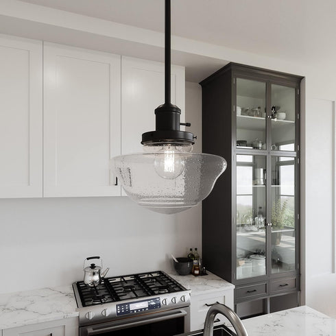9 9 47 587451 Design House Vintage-Inspired Schoolhouse Pendant Light, in x in x in, Satin Gold, Clear Seeded Glass