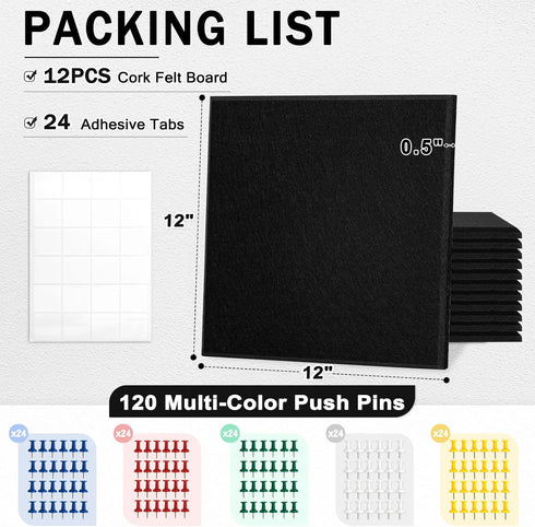 Large Cork Felt Board Tiles, 12 Pack, 47" x 35" Self Adhesive Cork Boards for Walls, Office, School Home Decor Display,
