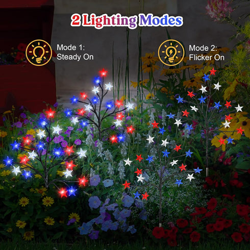 4th 20 2 4 Pack Lewondr of July Decorations Solar Garden Lights, Outdoor Red Blue White Star Solar Lights, Waterproof