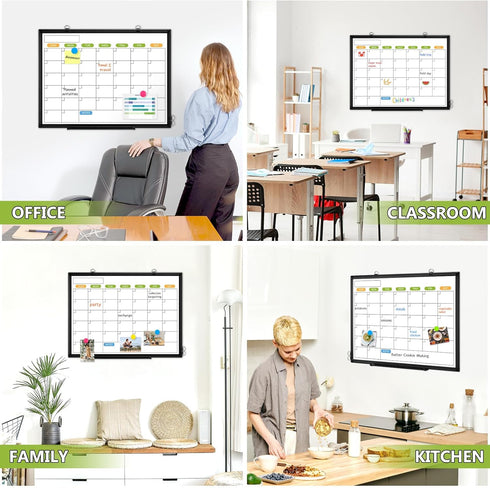 Dry Erase Calendar Whiteboard for Wall, 24" x 18" Magnetic Monthly White Board, Black Aluminum Frame for Planning,