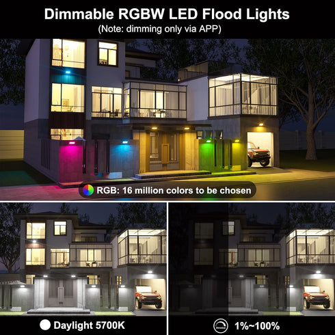 500W 5700K IP66 LED RGB Flood Light Outdoor Equivalent, Smart Color Change & Daylight Landscape Lighting, Waterproof