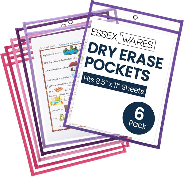Essex Wares - 6 Pack, Pinks & Purples, Water-Resistant Dry Erase Pocket