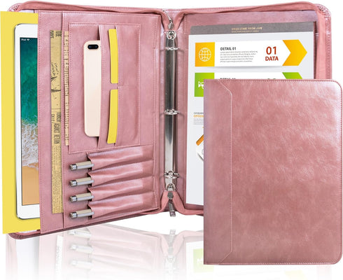 AZXCG Zipper Binder Portfolio for Women, 3 Ring 1 Inch PU Leather Padfolio, Gift for Her